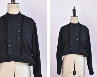 Vintage 1950s Hungarian black soutache sequin double breasted jacket blouse shirt - Eastern European folk jacket - Military Peasant Hungary