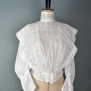 Antique Victorian white cotton broderie anglaise high neck pin tucked blouse shirt chemise - Antique white lace blouse - Edwardian blouse
