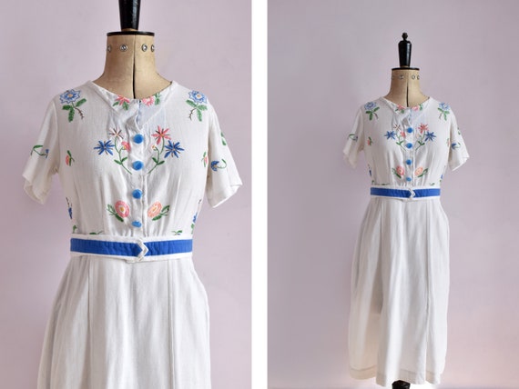 Vintage 1930s 40s floral embroidered linen dress … - image 2