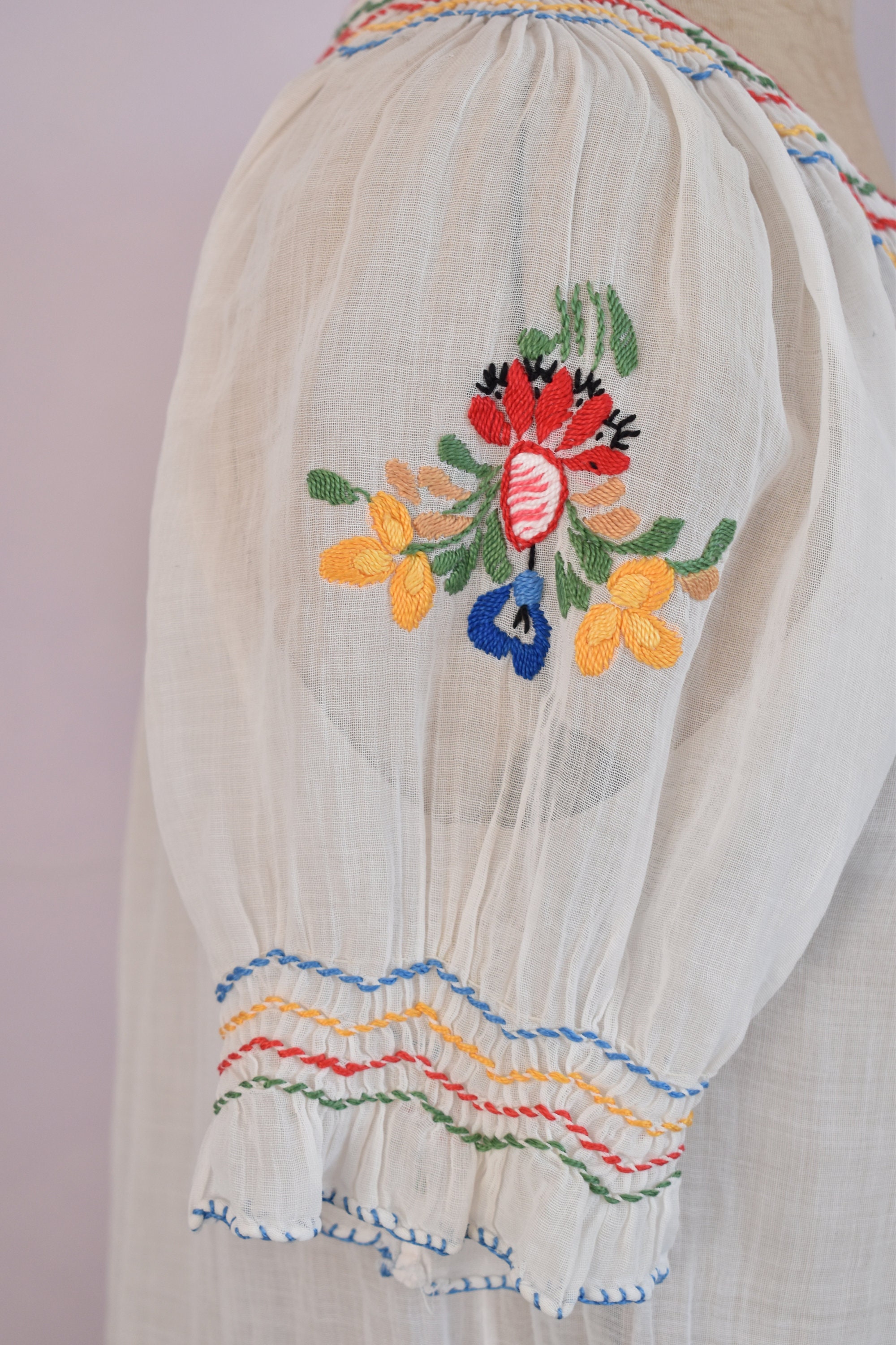 Vintage 1930s Hungarian Embroidered Floral Sheer Cotton Gauze