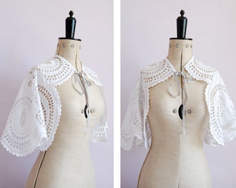 Antique Victorian broderie anglaise embroidered cutout cotton lace capelet cape bolero - Victorian cotton cape Antique bridal capelet shawl