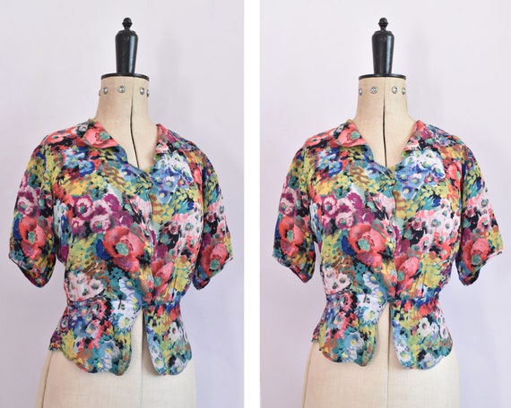 Vintage 1930s floral rayon crepe scalloped peplum
