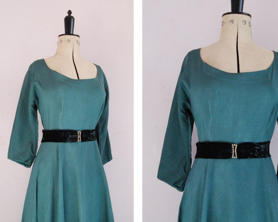 Vintage 1950s Teal raw silk dress & diamante buckl