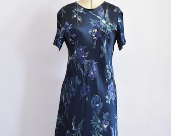 Vintage 1990s Laura Ashley azul floral camiseta mini vestido enviesado - vestido floral anos 90 - vestido babydoll anos 90 - vestido de verão anos 90 - mini vestido anos 90