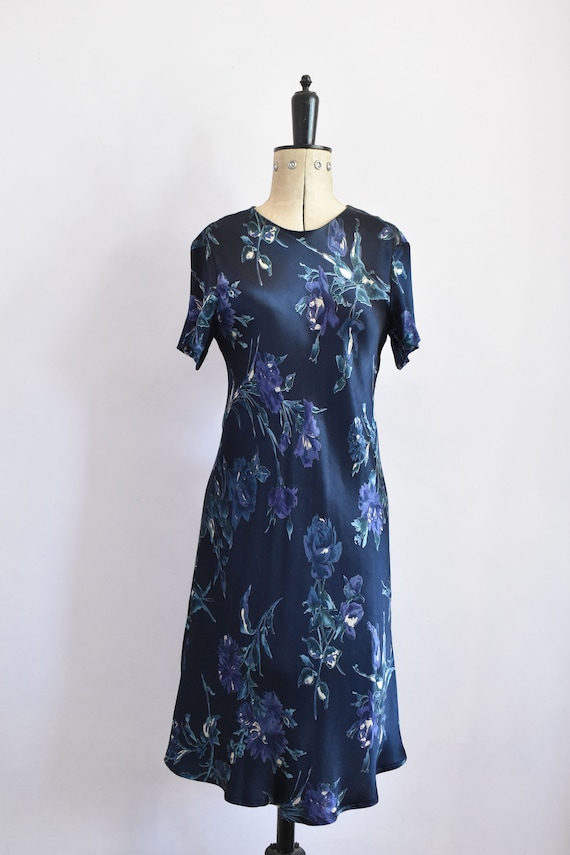 Vintage 1990s Laura Ashley blue floral t shirt mini bias dress - 90s floral dress - 90s babydoll dress - 90s summer dress - 90s mini dress