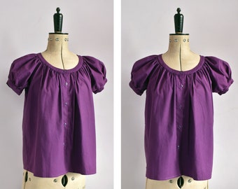 Vintage 1970s Anastasia Paris purple cotton puff sleeve button down peasant blouse top shirt - 1970s boho folk - Anastasia French designer