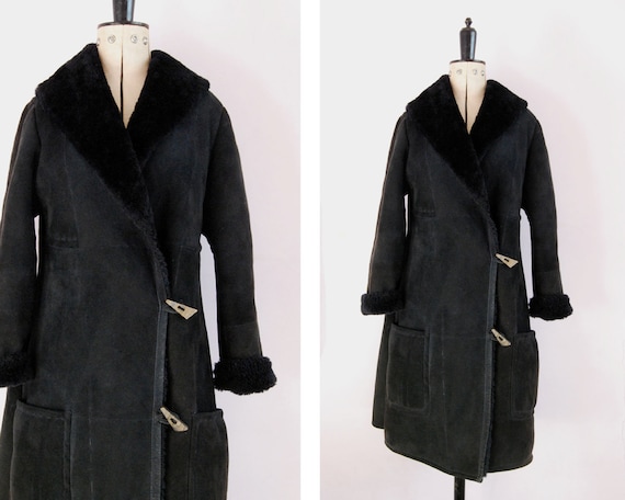 Vintage black sheepskin shearling suede long wood… - image 1