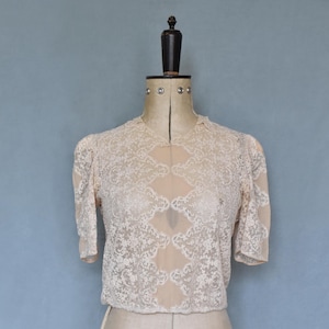 Vintage 1930s peach silk crepe tambour lace puff sleeve button blouse top bolero - 30s lace blouse - Antique Edwardian Victorian lace