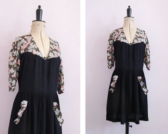 Vintage 1940s style rayon crepe black floral dress - 1940s day dress - 1940s tea dress - 40s floral rayon dress - WW2 WWII dress - 40s dress