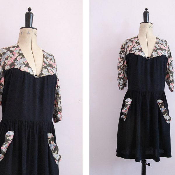 Vintage 1940s style rayon crepe black floral dress - 1940s day dress - 1940s tea dress - 40s floral rayon dress - WW2 WWII dress - 40s dress