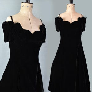 Vintage 1980s 90s Niki off the shoulder scallop neckline black velvet dress -  80s 1990s Black velvet dress, 80s cocktail party dress - LBD