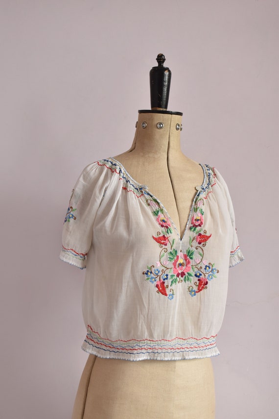 Vintage 1930s Hungarian embroidered floral sheer … - image 5