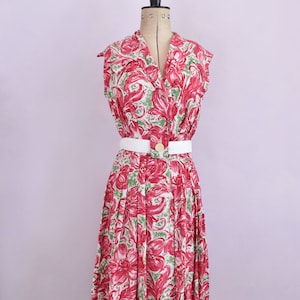 Vintage 1940s 50s pink floral rayon collared white belt dress - 1940s day dress - 1940s tea dress - 40s floral dress - WW2 WWII dress