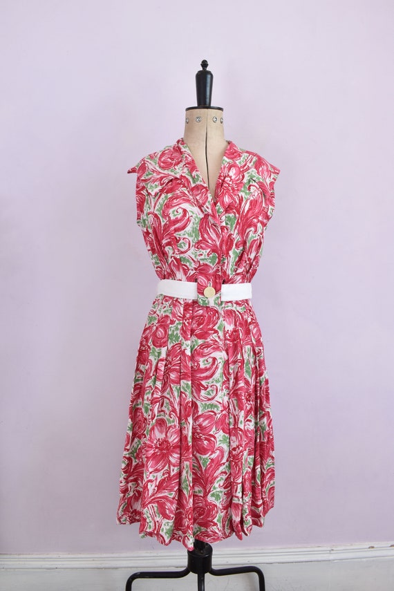 Vintage 1940s 50s Pink Floral Rayon Collared White Belt Dress - 1940s Day Dress - 1940s Tea Dress - 40s Floral Dress - WW2 WWII Dress