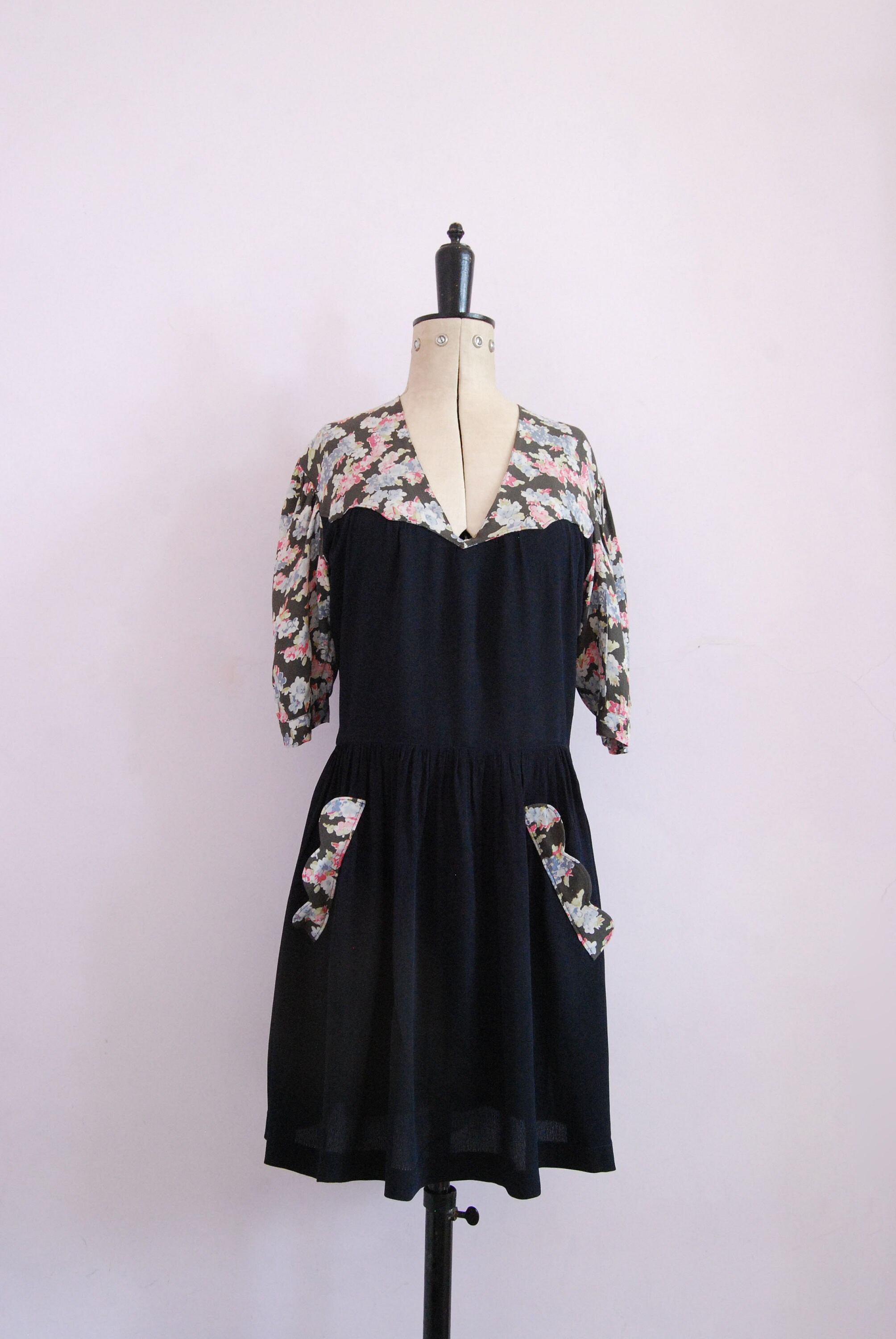 Vintage 1940s Style Rayon Crepe Black Floral Dress 1940s Day - Etsy
