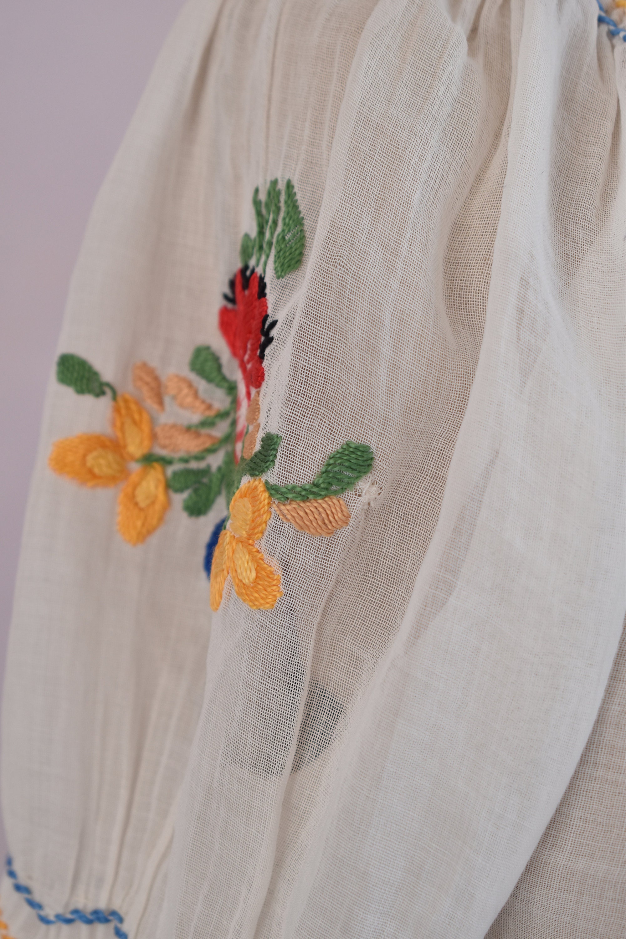 Vintage 1930s Hungarian Embroidered Floral Sheer Cotton Gauze