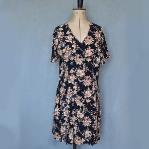 Vintage 1990s Caroline Wells black & brown floral button down rayon mini dress - 80s 90s babydoll dress - 90s floral summer dress