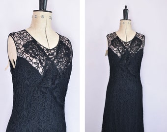 Vintage 1930s black floral lace ruffle bias cut gown unworn with tags intact! 30s black lace gown - 30s black lace dress - 30s lace dress