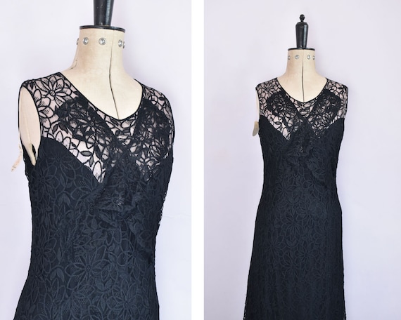 Vintage 1930s black floral lace ruffle bias cut g… - image 1