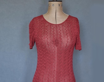 Vintage 1990s coral red crochet lace t shirt blouse top - Open knit blouse - Sheer knit blouse - 90s blouse - Crochet top