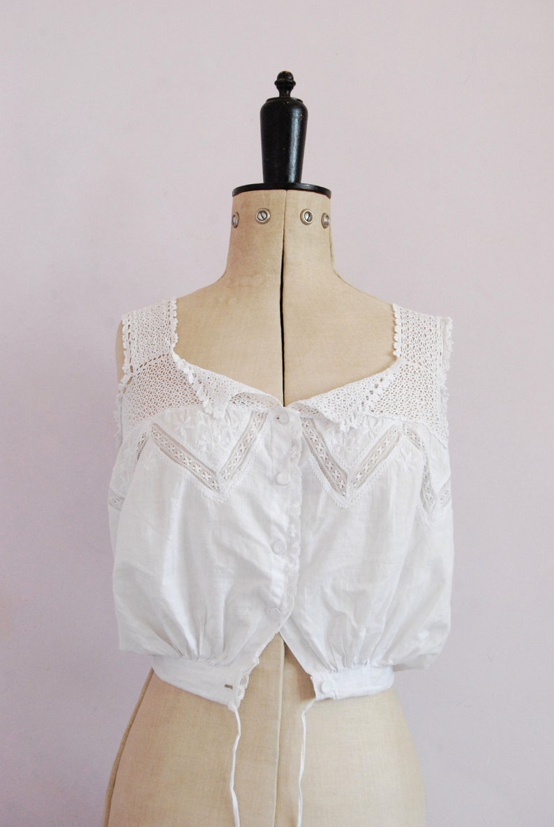 Edwardian cotton corset cover camisole lingerie Vintage Antique Victorian embroidered crochet lace corset cover Peasant top blouse