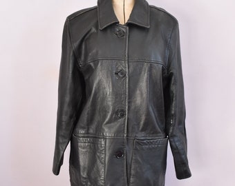 Vintage 1990s Milan black leather jacket coat - Black leather jacket - Leather blazer jacket coat - Leather fitted jacket coat blazer - M