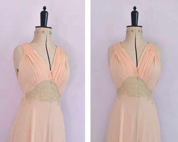 Vintage 1930s pink silk chiffon sheer lace grecian
