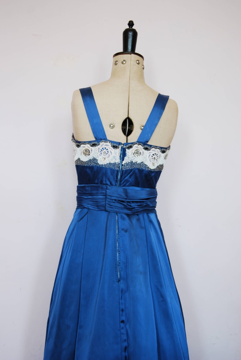 Vintage 1950s blue satin ball gown 50s prom dress 50s satin prom dress 50s beaded prom dress 50s evening gown 50s party dress xs image 5
