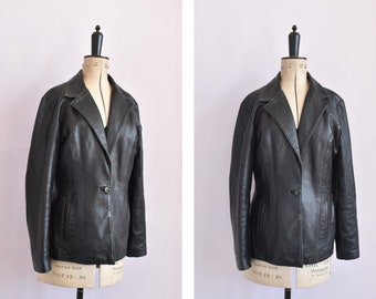 Vintage 1990s black leather jacket - Black leather button fitted jacket - Double collar jacket - Leather fitted jacket coat blazer - S M