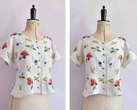 Vintage 1930s 40s floral embroidered linen crochet