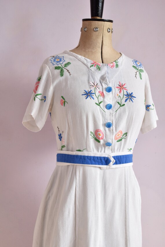 Vintage 1930s 40s floral embroidered linen dress … - image 5