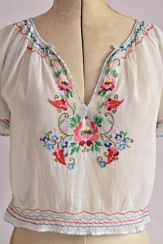 Vintage 1930s Hungarian embroidered floral sheer … - image 3