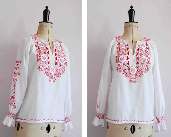 Vintage 1960s 70s red embroidered Hungarian blouse