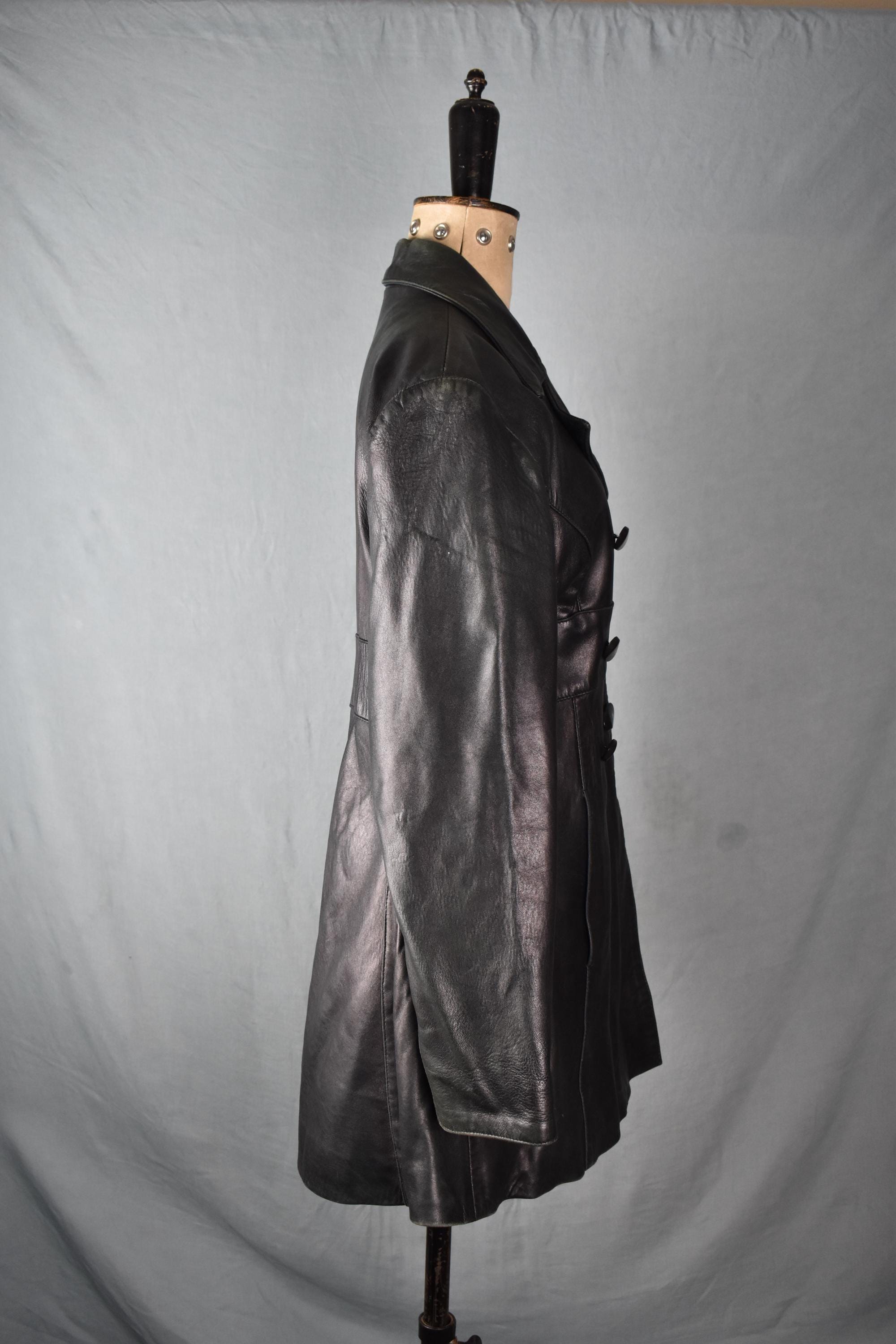 Vintage 1990s Ashy Black Leather Collared Double Breasted Jacket 
