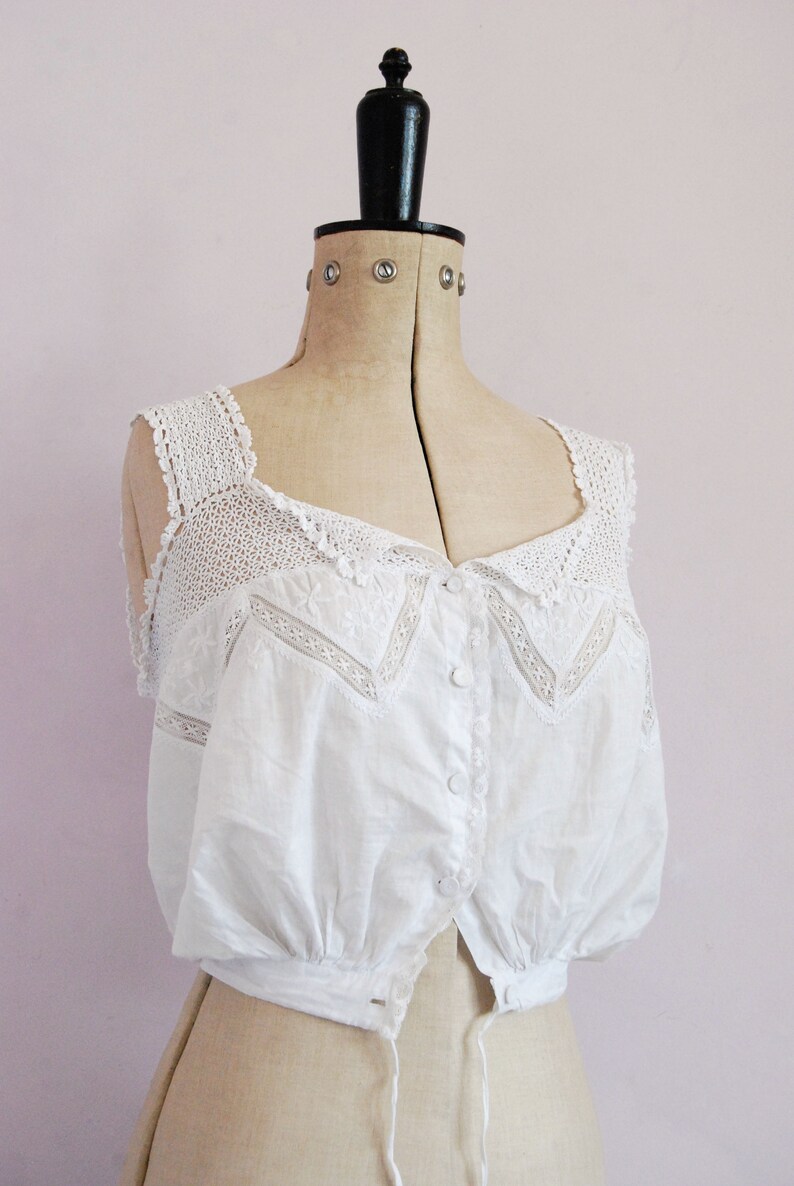 Edwardian cotton corset cover camisole lingerie Vintage Antique Victorian embroidered crochet lace corset cover Peasant top blouse