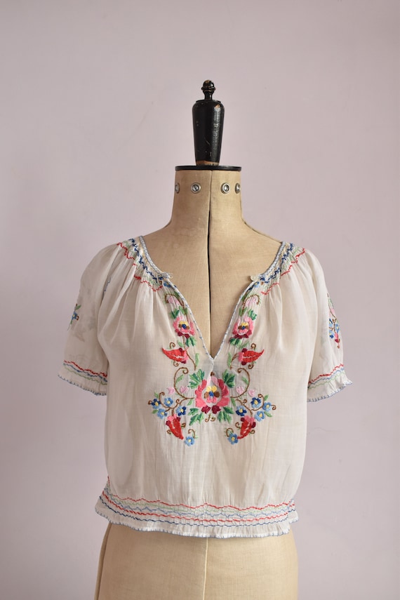 Vintage 1930s Hungarian embroidered floral sheer … - image 2