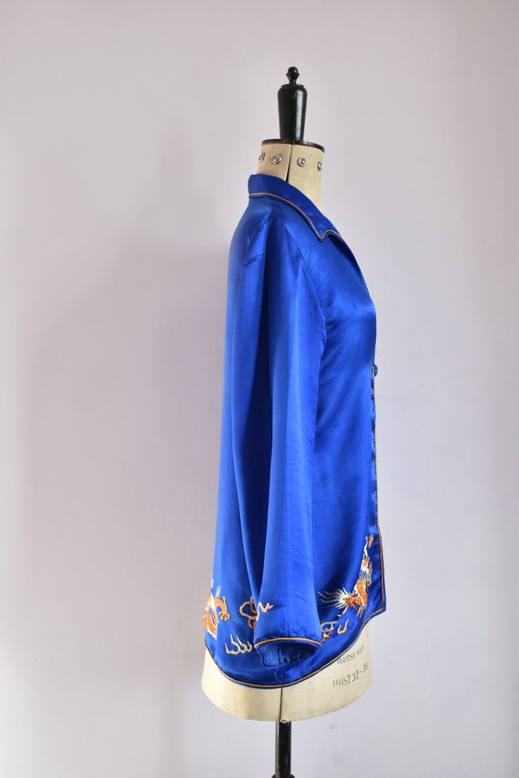 Vintage 1920s 1930s embroidered dragon blue silk … - image 7