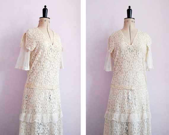 Vintage 1920s 30s ivory floral lace & net dress -