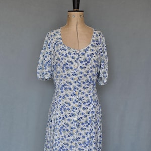 Vintage 1980s 90s blue & white floral rayon button down t shirt maxi dress - 90s Tricobel French floral dress - 1990s grunge dress 90s dress