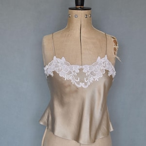Vintage 1970s 80s Janet Reger champagne silk & floral lace camisole slip top - Lace cami camisole  - Lingerie top - Silk slip - Lace slip