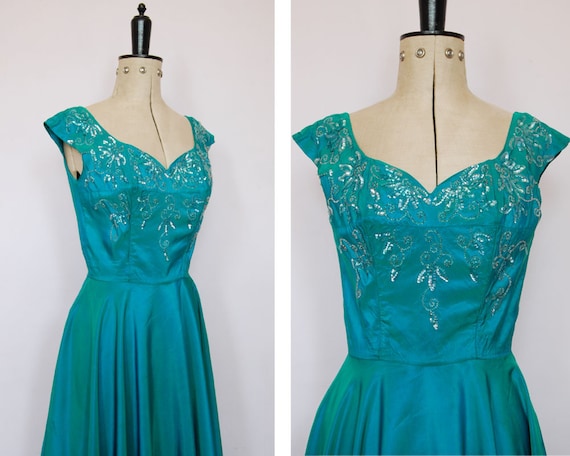 Vintage 1950s iridescent teal satin ball gown - 50