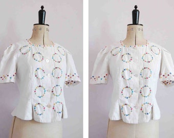 Vintage 1930s 40s floral embroidered linen blouse jacket top - Peasant blouse - Austrian Hungarian blouse - Folk Boho hippie blouse