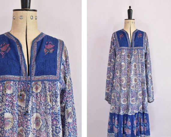 Vintage 1970s Indian cotton blue floral dress - Hi