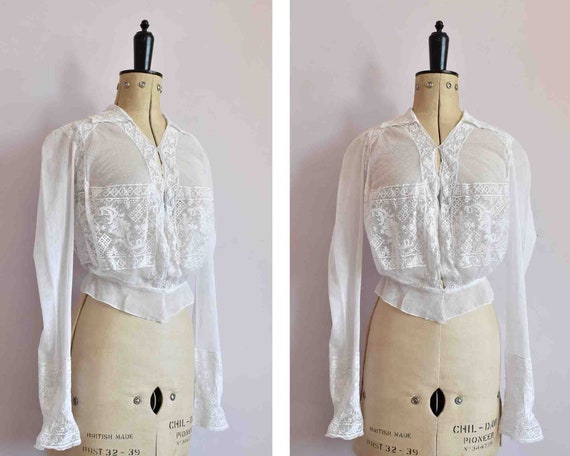 Antique Victorian white filet lace net blouse top
