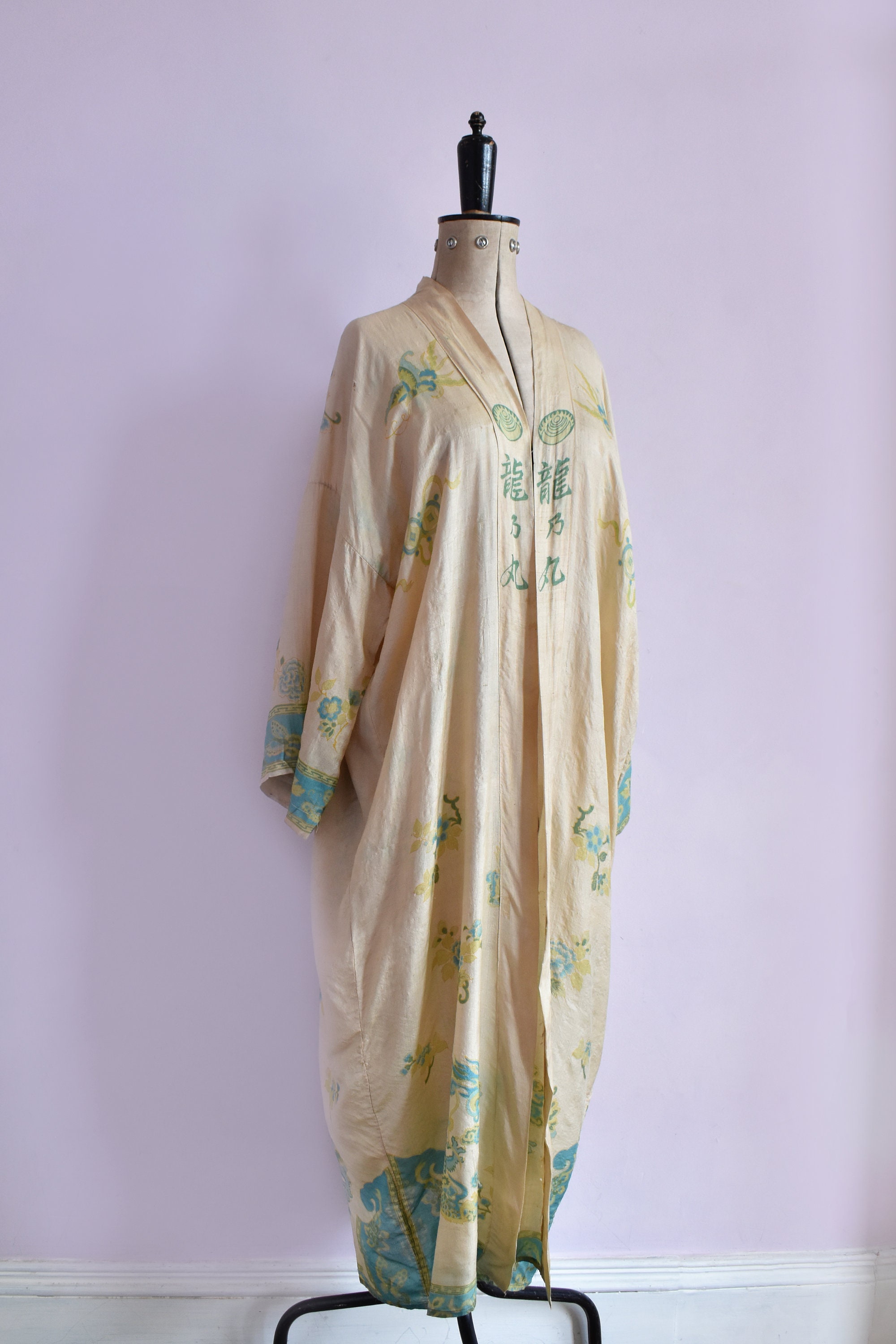 (Junko Takano様) Vintage 1920s Japanese Raw Pongee Silk Blue Dragon Kimono