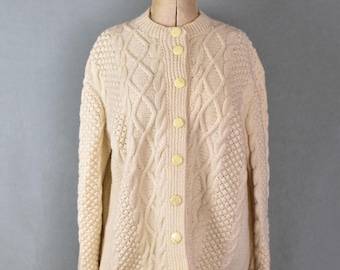 Vintage hand knit cable wool cream cardigan - Cable knit jumper - Cable knit sweater - Hand knit cardigan - Wool Irish Aran cardigan jumper