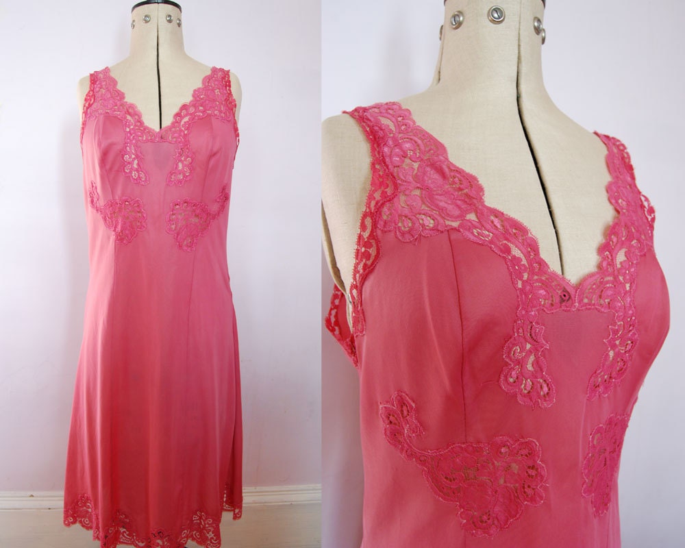Vintage 1970s pink lace nightgown Nylon nightie 70s slip | Etsy