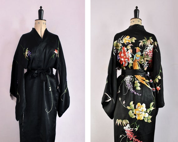 Vintage 1950s 20s embroidered floral and parrot bi