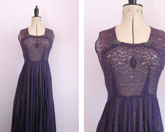 Vintage 1940s purple floral sheer lace beaded ball