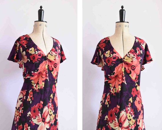Vintage 1990s 30s style silk floral frill sleeve b
